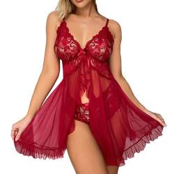 RPAEOY Dessous Damen Sexy Unterwäsche Dessous Sexy Set Spitze Negligee Nachtkleid Offenem Frontverschluss V-Ausschnitt Babydoll Lingerie Set mit G-String (Rot, XL) von RPAEOY