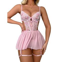 RPAEOY Dessous Sexy Damen Negligee Dessous Kleid Strapsen Dessous Set Nachtkleid mit G-String Reizwäsche Sleepwear Spitze Babydoll Nachtwäsche (Rosa, S) von RPAEOY