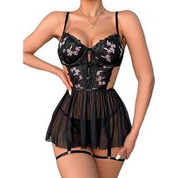 RPAEOY Dessous Sexy Damen Negligee Dessous Kleid Strapsen Dessous Set Nachtkleid mit G-String Reizwäsche Sleepwear Spitze Babydoll Nachtwäsche (Schwarz, L) von RPAEOY