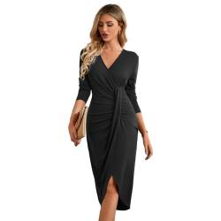 RPAEOY Kleid Damen Ärmel Elegant V-Ausschnitt Langarm Sexy Bodycon Kleid mit Schlitz Wrap de Cocktailkleid Bleistiftkleid Pencilkleid Party Büro Kleider Schwarz M von RPAEOY