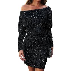 RPAEOY Kleid Damen Bodycon Pailletten Schulterfrei Langarm Sexy Kleid Eng Kurz Minikleid Retro Party Kleider Cocktailkleid Abendkleider Festkleid Herbst Schwarz M von RPAEOY