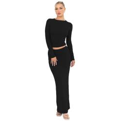 RPAEOY Kleid Damen Langarm 2 Teiler Top Und Rock Mit Schlitz Sexy Enge Schmal Bodycon Kleid Elegante Langes Zweiteiler Kleider Herbst Partykleid Freizeitkleid Schwarz XL von RPAEOY