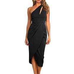 RPAEOY Kleid Damen One Shoulder Ärmellos Ausschneiden Geraffte Sexy Long Bodycon Cocktail Schulterfrei Enger Sommerkleid Partykleid mit Schlitz Freizeitkleid Pencilkleid Wickelkleid (Schwarz,L) von RPAEOY