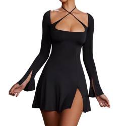 RPAEOY Kleider Damen Quadratischer Ausschnitt Überkreuzter Riemen Langarmkleid Sexy Bodycon Rückenfrei Cocktail Enger Partykleid mit Schlitz Minikleid Elegant Hohe Taille Festlich Party (Schwarz,L) von RPAEOY