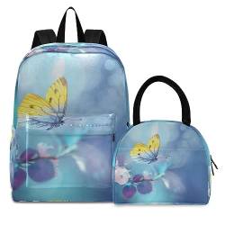 RPLIFE Schöne blaue gelbe Schmetterling-Büchertasche Lunchbox-Set große wasserdichte Lunch-Tasche, Rucksack und Lunch-Tasche Set für Jungen von RPLIFE