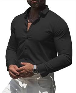 RPOVIG Herren-Muskelkleid-Shirts: lässiges Button-Down-Langarm-Elastizität, athletische Passform, faltenfreies Hemd, Black, XL von RPOVIG