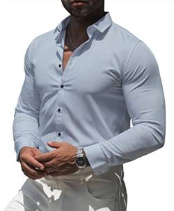RPOVIG Herren-Muskelkleid-Shirts: lässiges Button-Down-Langarm-Elastizität, athletische Passform, faltenfreies Hemd, Blue-b, 3X-Groß von RPOVIG