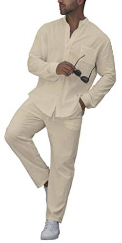 RPOVIG Leinenhemd-Sets, Outfits: Herren 2-teiliges Henley-Shirt, langärmelig, lockere Yogahose, Strandkleidung, Cremeweiß, Large von RPOVIG