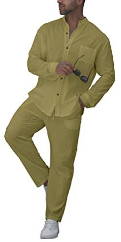 RPOVIG Leinenhemd-Sets Outfits: Herren-Hemden, 2-teilig, Henley-Hemden, langärmelig, lockere Yogahose, Strandkleidung, Grün , Large von RPOVIG