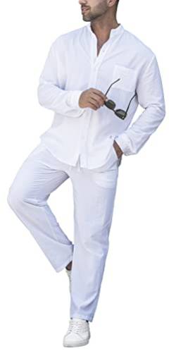 RPOVIG Leinenhemd-Sets Outfits: Herren-Hemden, 2-teilig, Henley-Hemden, langärmelig, lockere Yogahose, Strandkleidung, White, Large von RPOVIG