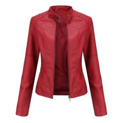 RQPYQF Damen PU Leder Jacke, Motorrad Moto Biker Lederjacke Reißverschluss Mantel Kurz Leicht Kunstlederjacke WT40 (Rot, M) von RQPYQF