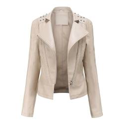 RQPYQF Damen PU Leder Jacke, Motorrad Moto Biker Lederjacke Reißverschluss Mantel Kurz Leicht Kunstlederjacke WT42 (Beige, L) von RQPYQF