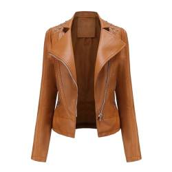 RQPYQF Damen PU Leder Jacke, Motorrad Moto Biker Lederjacke Reißverschluss Mantel Kurz Leicht Kunstlederjacke WT42 (Braun, XXL) von RQPYQF