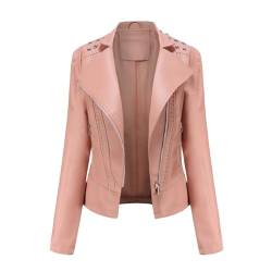 RQPYQF Damen PU Leder Jacke, Motorrad Moto Biker Lederjacke Reißverschluss Mantel Kurz Leicht Kunstlederjacke WT42 (Rosa, XL) von RQPYQF