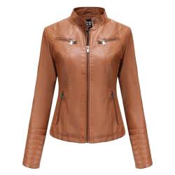 RQPYQF Damen PU Leder Jacke, Motorrad Moto Biker Lederjacke Reißverschluss Mantel Kurz Leicht Kunstlederjacke WT46 (Braun, L) von RQPYQF