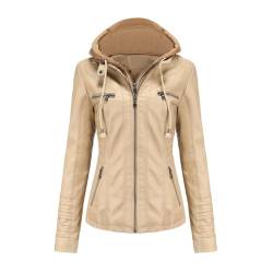 RQPYQF Damen PU Leder Jacke, Motorrad Moto Biker Lederjacke mit Kapuze Reißverschluss Mantel Kurz Leicht Kunstlederjacke WT41 (Aprikose, L) von RQPYQF