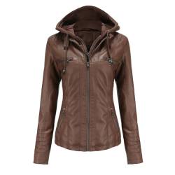 RQPYQF Damen PU Leder Jacke, Motorrad Moto Biker Lederjacke mit Kapuze Reißverschluss Mantel Kurz Leicht Kunstlederjacke WT41 (Coffee, XL) von RQPYQF