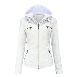 RQPYQF Damen PU Leder Jacke, Motorrad Moto Biker Lederjacke mit Kapuze Reißverschluss Mantel Kurz Leicht Kunstlederjacke WT41 (Weiß, L) von RQPYQF