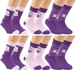 RS. Harmony Kinder-Socken mit Motiv aus Baumwolle für Mädchen, 6 Paar, Bild Eule mit Ringel und Punkte, Farbe lila-rosé, Größe 27-30 von RS. Harmony
