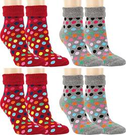 RS. Harmony Thermo-Socken mit Umschlagrand, Weihnachtssocken für Advent Tage, warme und weiche Damen Frottee Kuschelsocken ohne Gummidruck, 4 Paar, rot-grau mit bunte Punkte, 39-42 von RS. Harmony