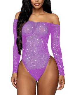 RSLOVE Damen Bodysuit Fischnetz mit Strass-Verzierung Overall Catsuit Lila Einheitsgröße von RSLOVE