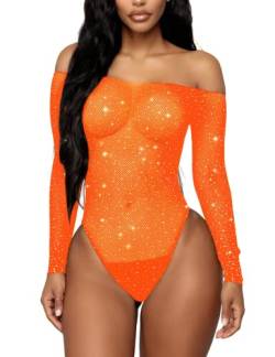 RSLOVE Damen Bodysuit Fischnetz mit Strass-Verzierung Overall Catsuit Orange Einheitsgröße von RSLOVE
