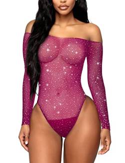 RSLOVE Damen Bodysuit Fischnetz mit Strass-Verzierung Overall Catsuit Traubenviolett Einheitsgröße von RSLOVE