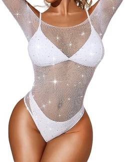 RSLOVE Damen Bodysuit Fischnetz mit Strass-Verzierung Overall Catsuit Weiß Einheitsgröße von RSLOVE