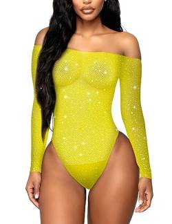 RSLOVE Damen Bodysuit Fischnetz mit Strass-Verzierung Overall Catsuit Zitronengelb Einheitsgröße von RSLOVE