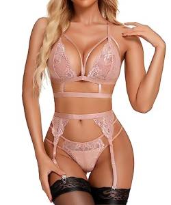 RSLOVE Damen Dessous Set Spitze Teddy Bügel Babydoll Bodysuit mit Strumpfgürteln sexy BH und Höschen Sets Rosa Medium von RSLOVE