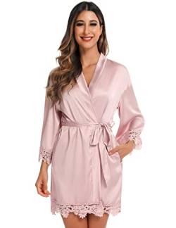 RSLOVE Damen Kimono Bademantel Morgenmantel Satin Roben Slik Hochzeit Roben für Braut/Brautjungfer Party Nachtwäsche Rosa S von RSLOVE