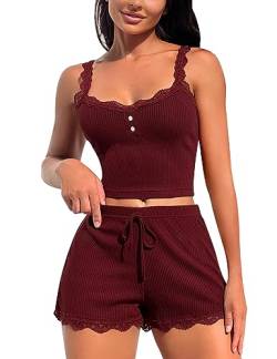 RSLOVE Damen Nachtwäsche aus Spitze Sexy Pyjama Set 2 teilige Oberteile und Shorts Weinrot M von RSLOVE