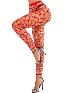 RSLOVE Damen Netzstrumpfhose mit Strasssteinen - Sexy Großgitter-Fischnetzstrumpfhose Rot Einheitsgröße von RSLOVE
