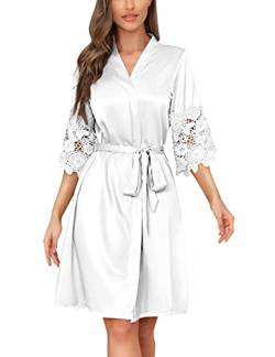 RSLOVE Damen Satin Robe Spitze Kimono Brautjungfer Morgenmantel Lang Braut Roben für Hochzeit Weiß Large von RSLOVE