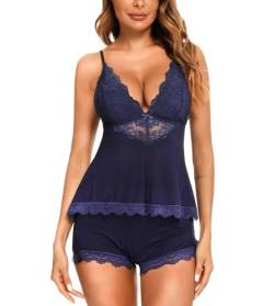 RSLOVE Damen Sexy Pyjama Set Spitze Camisole und Shorts V-Ausschnitt Nachtwäsche Modal Nachtwäsche Marine Blau Large von RSLOVE