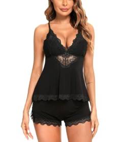 RSLOVE Damen Sexy Pyjama Set Spitze Camisole und Shorts V-Ausschnitt Nachtwäsche Modal Nachtwäsche Schwarz Small von RSLOVE