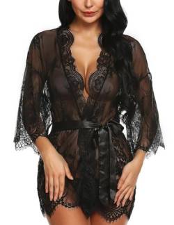 RSLOVE Damen Spitzen-Kimono-Robe Babydoll Dessous Eyelash Nachthemd Kleid Schwarz Extra Groß von RSLOVE