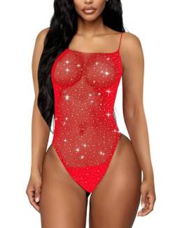 RSLOVE Fischnetz Dessous für Frauen Sexy Bodysuit Outfits Halter Einteiler Teddy Rot Einheitsgröße von RSLOVE