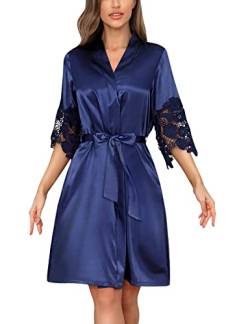 RSLOVE Frauen Satin Robe Spitze Trim Kimono Brautjungfer Morgenmantel Lang Braut Roben für Hochzeit Blau Large von RSLOVE