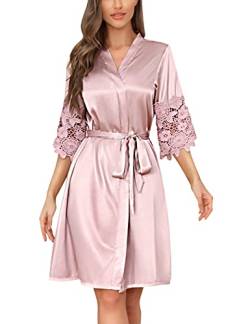 RSLOVE Frauen Satin Robe Spitze Trim Kimono Brautjungfer Morgenmantel Lange Braut Roben für Hochzeit Rosa Large von RSLOVE