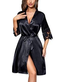 RSLOVE Frauen Satin Robe Spitze Trim Kimono Brautjungfer Morgenmantel Lange Braut Roben für Hochzeit Schwarz Medium von RSLOVE