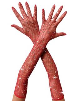 RSLOVE Handschuhe aus Netzstoff für Damen, Partyhandschuhe, Glitzer-Handschuhe, Ball-Handschuhe, Zubehör, 1920, klassischer Stil, rot, One size von RSLOVE