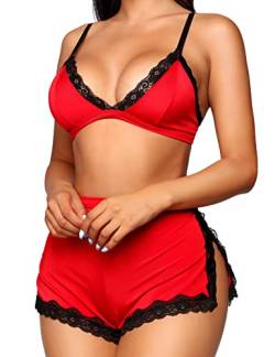 RSLOVE Pyjama Damen Sexy Seiden PJ Set Top und Shorts für Schlafanzug und Nachtwäsche Rot XXL von RSLOVE