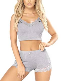 RSLOVE Pyjama Set Damen V-Ausschnitt Ärmelloses Nachtwäsche-Set Weiches Spitzen-Camisole-Set mit kurzer Hose Nachtwäsche Grau Extra Groß von RSLOVE