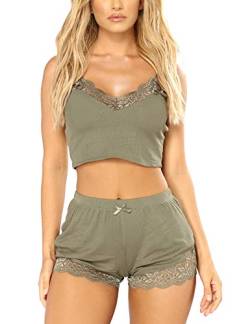 RSLOVE Pyjama Set Damen V-Ausschnitt Ärmelloses Nachtwäsche-Set Weiches Spitzen-Camisole-Set mit kurzer Hose Nachtwäsche Olive Extra Groß von RSLOVE