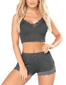 RSLOVE Pyjama Set Damen V-Ausschnitt Ärmelloses Nachtwäsche-Set Weiches Spitzen-Camisole-Set mit kurzer Hose Nachtwäsche Tiefes Grau Klein von RSLOVE