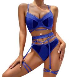 RSLOVE Sexy Dessous-Sets für Frauen mit Strumpfband transparentem Netz-BH und Slip-Set Blau S von RSLOVE