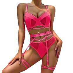 RSLOVE Sexy Dessous-Sets für Frauen mit Strumpfband transparentem Netz-BH und Slip-Set Fluorescent Pink S von RSLOVE