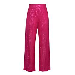 Damen Pailletten Weitbeinhosen funkelnd glänzende elastische Taille Lose Fit Hosen Glitzer Glockenboden Leggings 90er Streetwear (Rose Red, M) von RTGSE