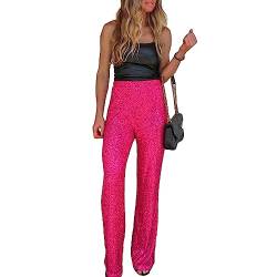 Damen Pailletten Weitbeinhosen funkelnd glänzende elastische Taille Lose Fit Hosen Glitzer Glockenboden Leggings 90er Streetwear (W Rose Red, M) von RTGSE